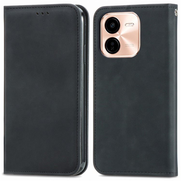 For vivo Y37 Pro 5G Case Skin Touch Feeling Leather Card Holder Phone Cover Magnetic Absorption - Black