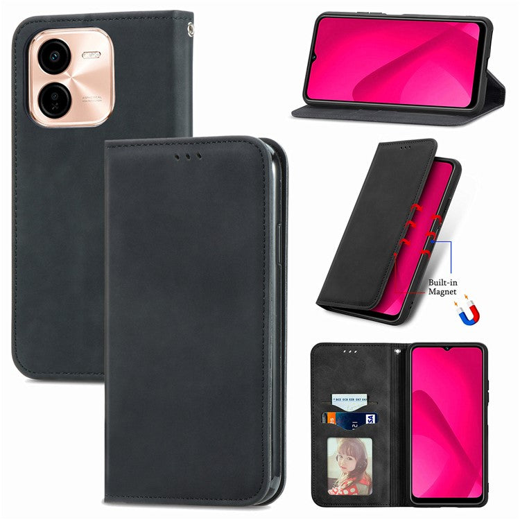 For vivo Y37 Pro 5G Case Skin Touch Feeling Leather Card Holder Phone Cover Magnetic Absorption - Black