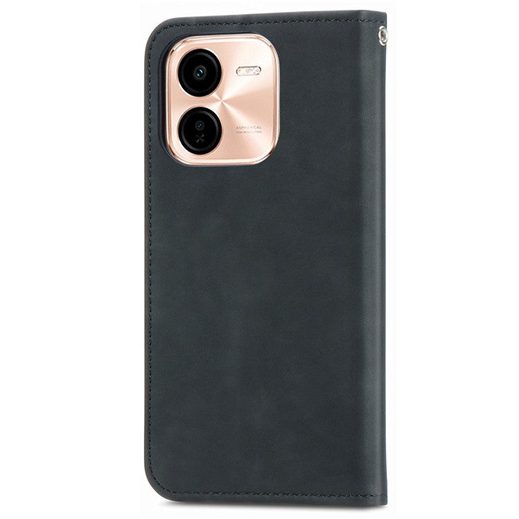 For vivo Y37 Pro 5G Case Skin Touch Feeling Leather Card Holder Phone Cover Magnetic Absorption - Black