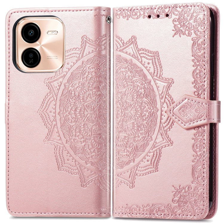 For vivo Y37 Pro 5G Wallet Case Mandala Flower Leather Phone Cover Stand View - Rose Gold