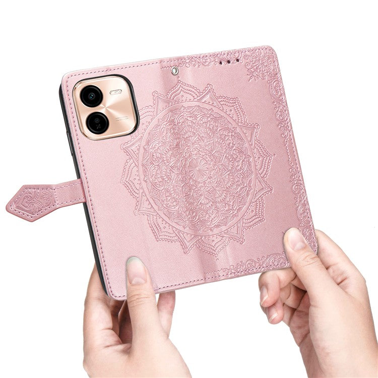 For vivo Y37 Pro 5G Wallet Case Mandala Flower Leather Phone Cover Stand View - Rose Gold