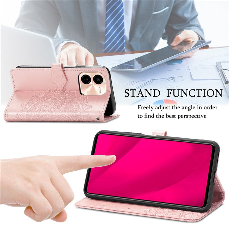 For vivo Y37 Pro 5G Wallet Case Mandala Flower Leather Phone Cover Stand View - Rose Gold