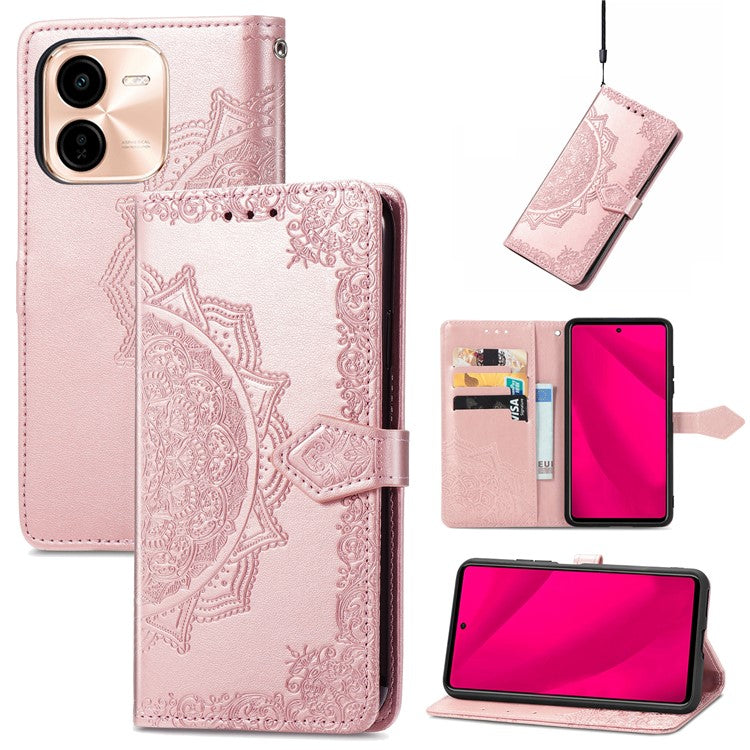 For vivo Y37 Pro 5G Wallet Case Mandala Flower Leather Phone Cover Stand View - Rose Gold