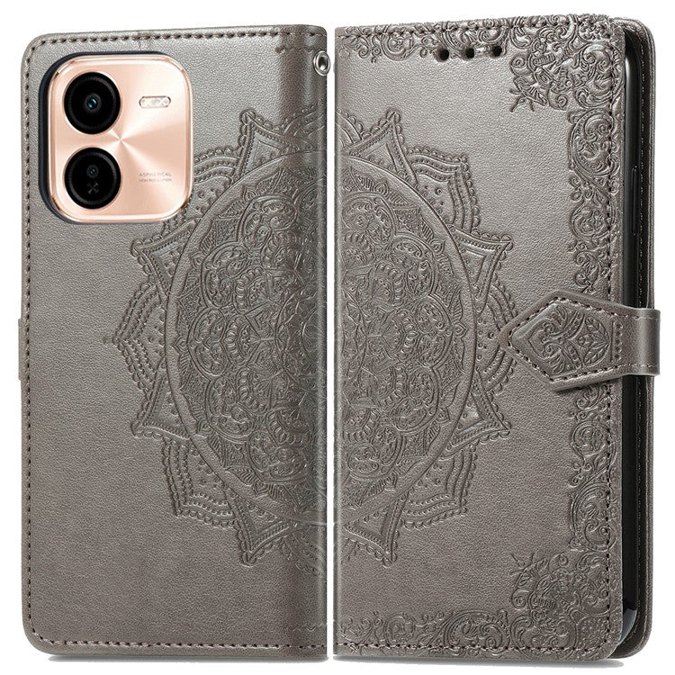 For vivo Y37 Pro 5G Wallet Case Mandala Flower Leather Phone Cover Stand View - Grey