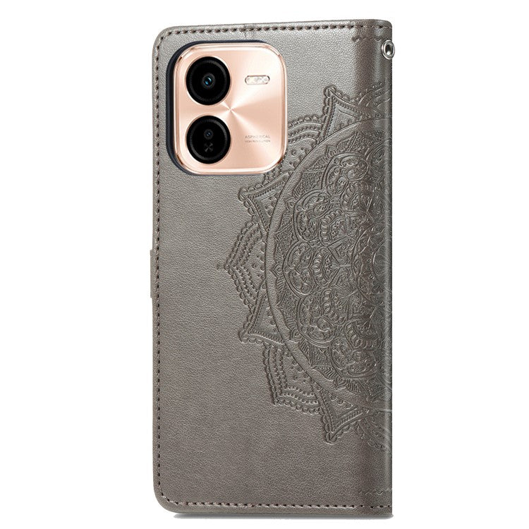 For vivo Y37 Pro 5G Wallet Case Mandala Flower Leather Phone Cover Stand View - Grey