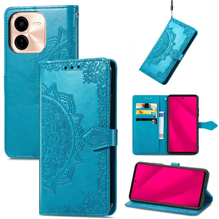 For vivo Y37 Pro 5G Wallet Case Mandala Flower Leather Phone Cover Stand View - Blue