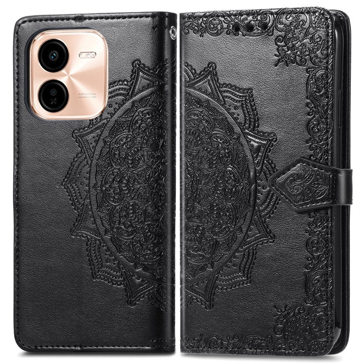 For vivo Y37 Pro 5G Wallet Case Mandala Flower Leather Phone Cover Stand View - Black