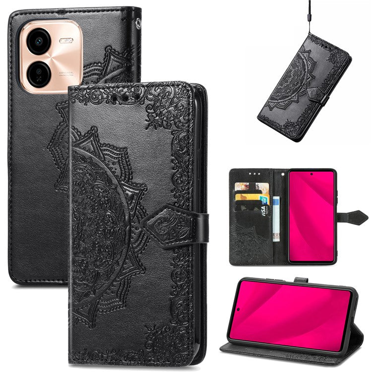 For vivo Y37 Pro 5G Wallet Case Mandala Flower Leather Phone Cover Stand View - Black