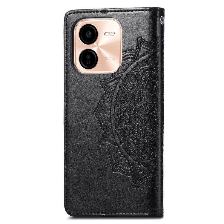 For vivo Y37 Pro 5G Wallet Case Mandala Flower Leather Phone Cover Stand View - Black