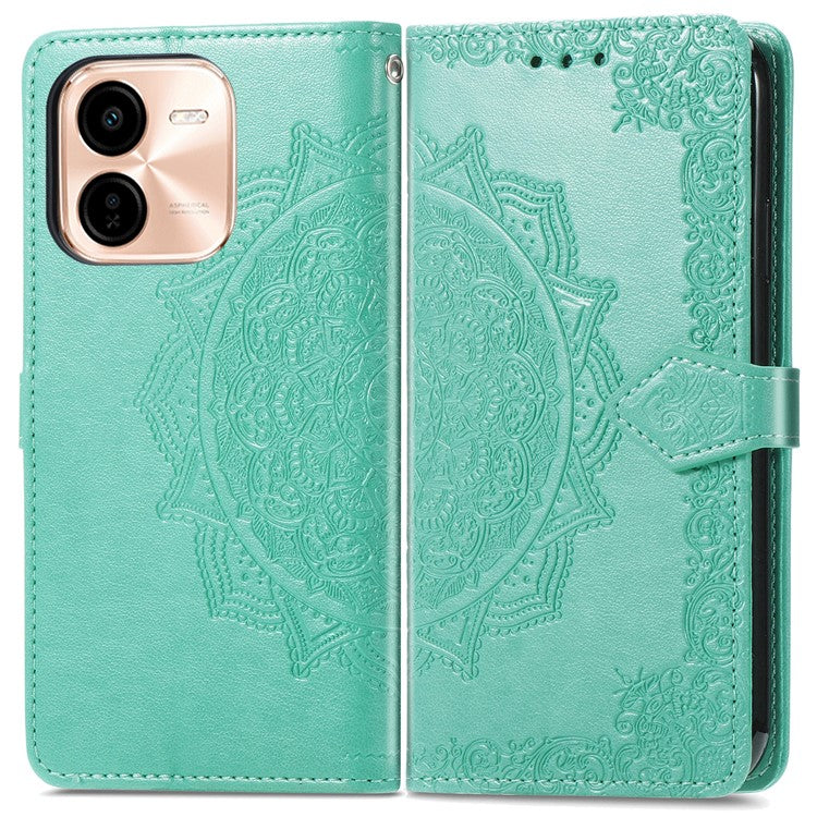 For vivo Y37 Pro 5G Wallet Case Mandala Flower Leather Phone Cover Stand View - Green