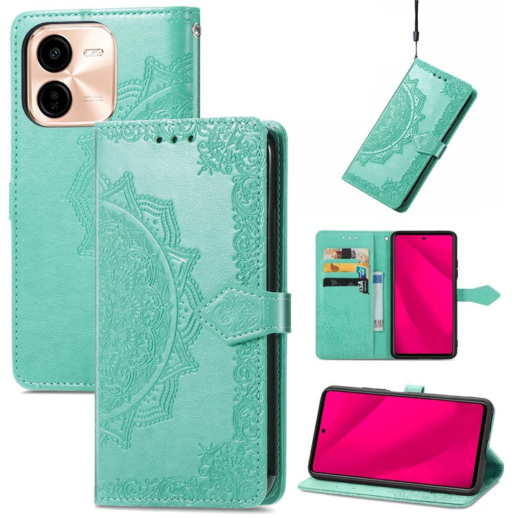 For vivo Y37 Pro 5G Wallet Case Mandala Flower Leather Phone Cover Stand View - Green