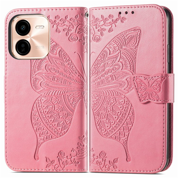 For vivo Y37 Pro 5G Case PU Leather Wallet Phone Cover Butterfly Pattern - Pink