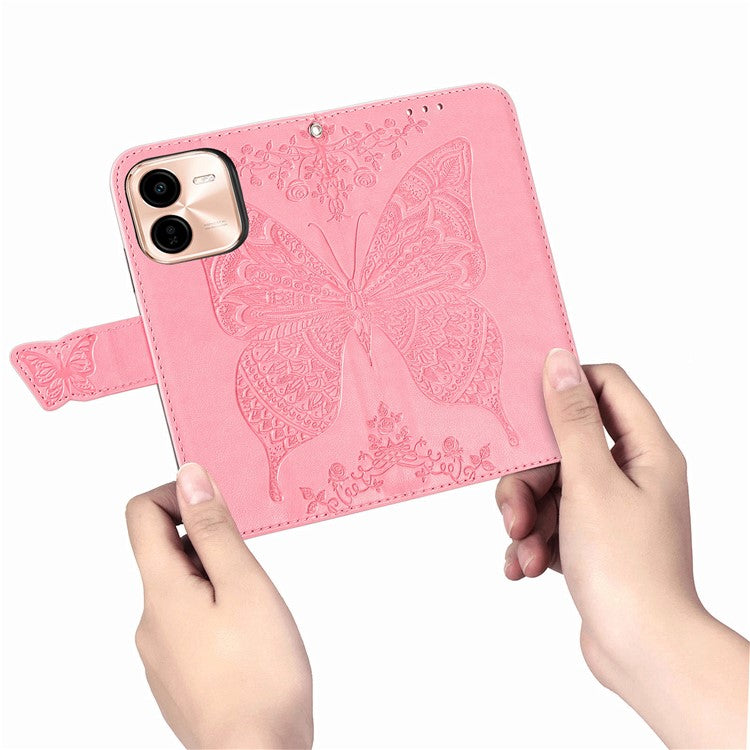 For vivo Y37 Pro 5G Case PU Leather Wallet Phone Cover Butterfly Pattern - Pink