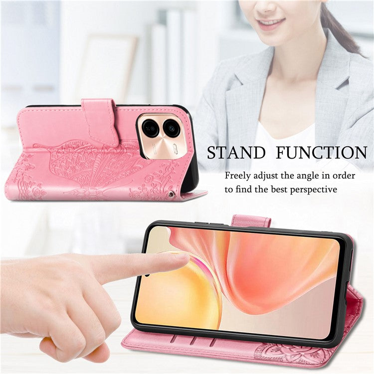 For vivo Y37 Pro 5G Case PU Leather Wallet Phone Cover Butterfly Pattern - Pink