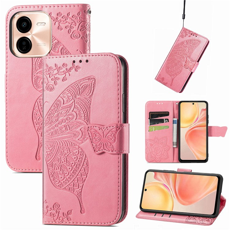 For vivo Y37 Pro 5G Case PU Leather Wallet Phone Cover Butterfly Pattern - Pink