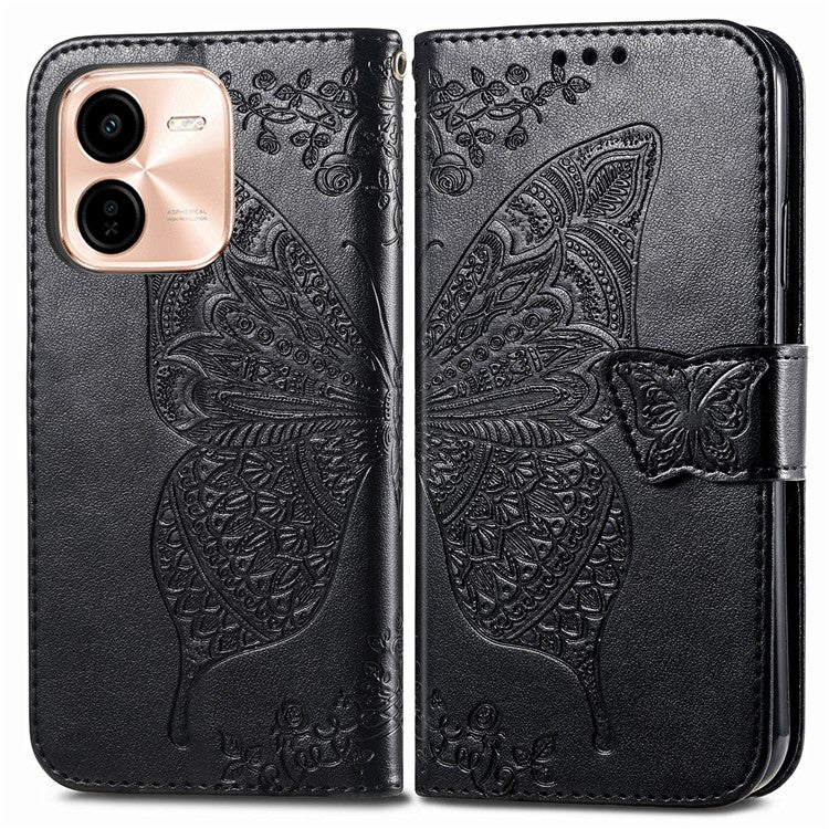 For vivo Y37 Pro 5G Case PU Leather Wallet Phone Cover Butterfly Pattern - Black