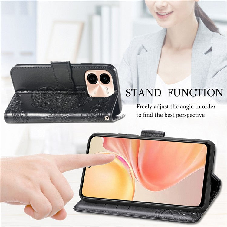 For vivo Y37 Pro 5G Case PU Leather Wallet Phone Cover Butterfly Pattern - Black