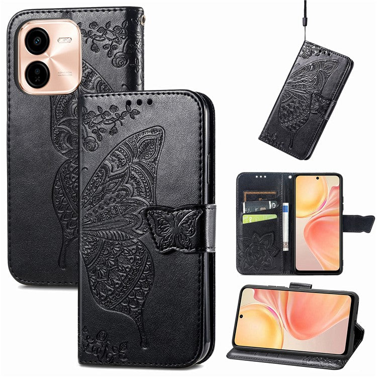 For vivo Y37 Pro 5G Case PU Leather Wallet Phone Cover Butterfly Pattern - Black