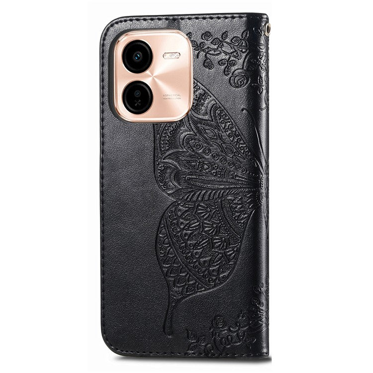 For vivo Y37 Pro 5G Case PU Leather Wallet Phone Cover Butterfly Pattern - Black