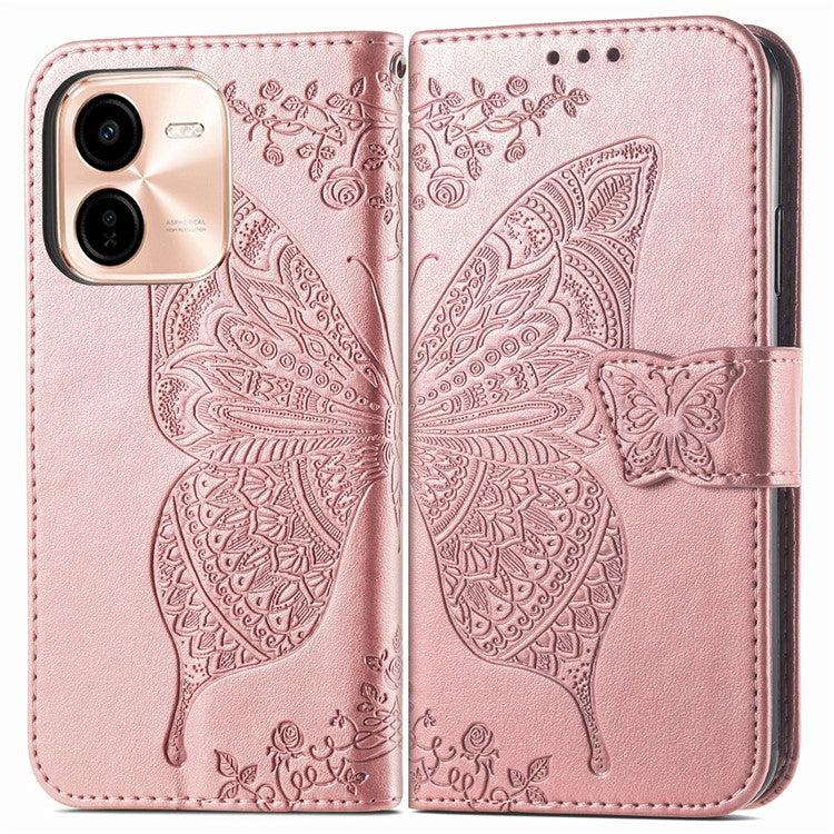 For vivo Y37 Pro 5G Case PU Leather Wallet Phone Cover Butterfly Pattern - Rose Gold