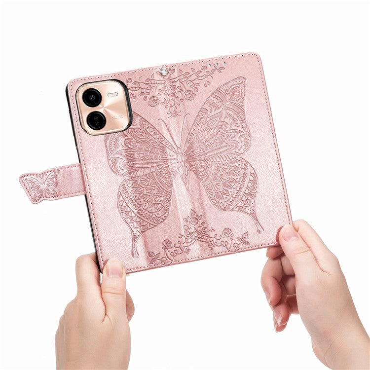 For vivo Y37 Pro 5G Case PU Leather Wallet Phone Cover Butterfly Pattern - Rose Gold