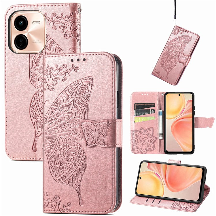 For vivo Y37 Pro 5G Case PU Leather Wallet Phone Cover Butterfly Pattern - Rose Gold