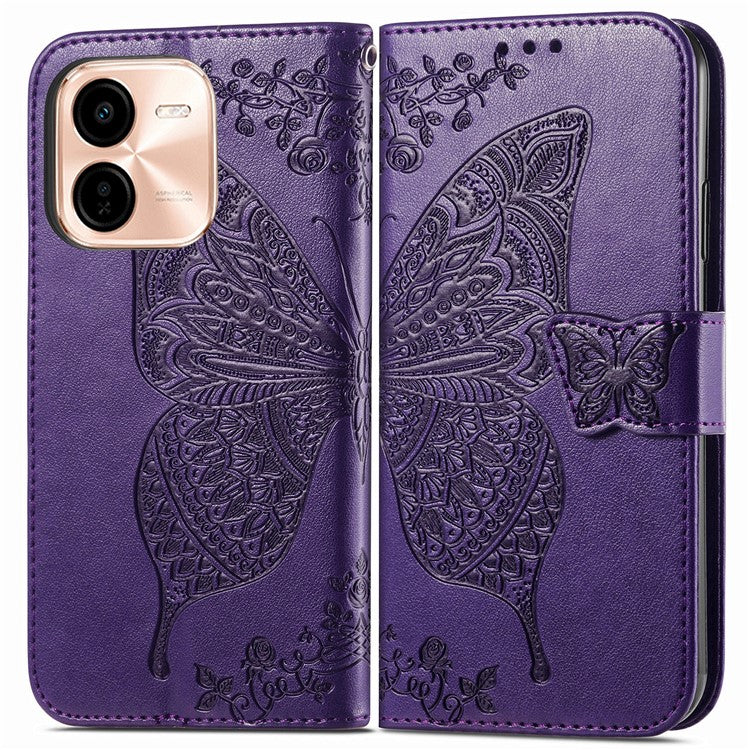 For vivo Y37 Pro 5G Case PU Leather Wallet Phone Cover Butterfly Pattern - Dark Purple