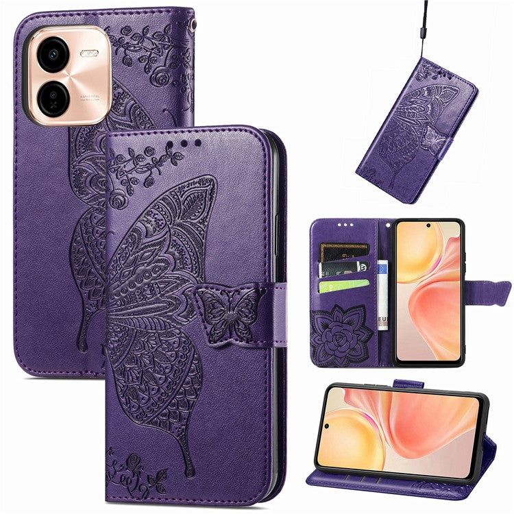 For vivo Y37 Pro 5G Case PU Leather Wallet Phone Cover Butterfly Pattern - Dark Purple