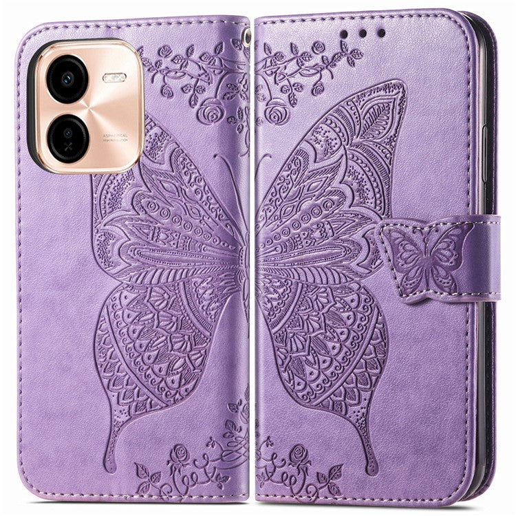 For vivo Y37 Pro 5G Case PU Leather Wallet Phone Cover Butterfly Pattern - Light Purple