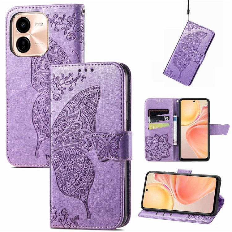 For vivo Y37 Pro 5G Case PU Leather Wallet Phone Cover Butterfly Pattern - Light Purple