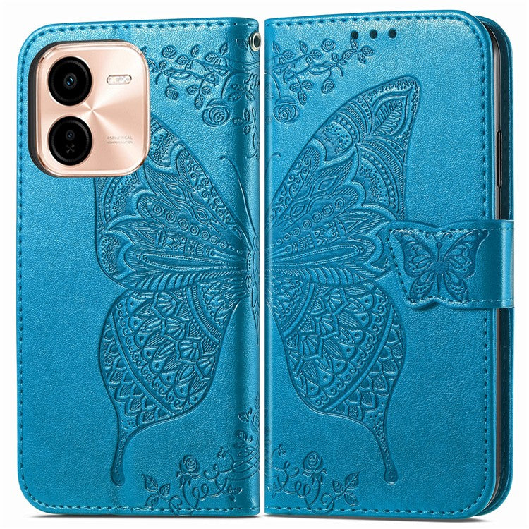 For vivo Y37 Pro 5G Case PU Leather Wallet Phone Cover Butterfly Pattern - Blue