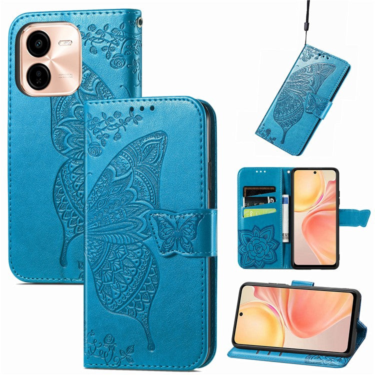 For vivo Y37 Pro 5G Case PU Leather Wallet Phone Cover Butterfly Pattern - Blue