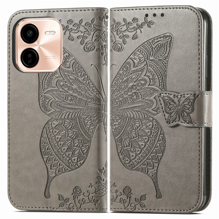 For vivo Y37 Pro 5G Case PU Leather Wallet Phone Cover Butterfly Pattern - Grey