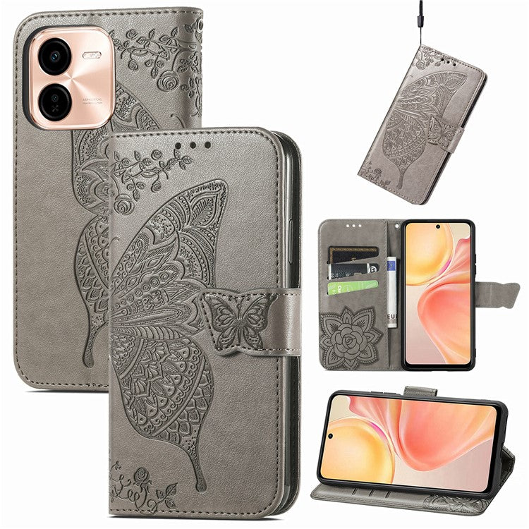 For vivo Y37 Pro 5G Case PU Leather Wallet Phone Cover Butterfly Pattern - Grey