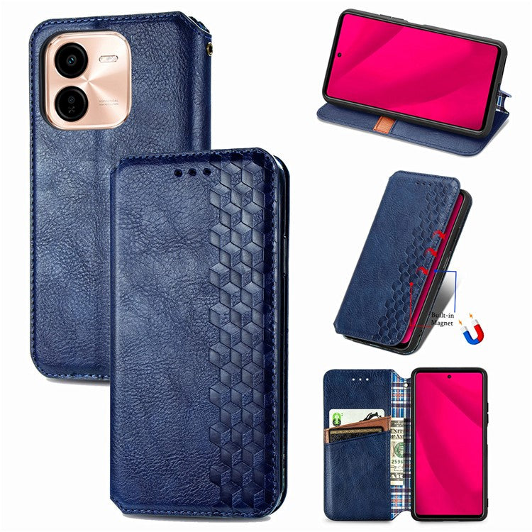 For vivo Y37 Pro 5G Case Rhombus Imprint PU Leather Wallet Phone Cover - Blue