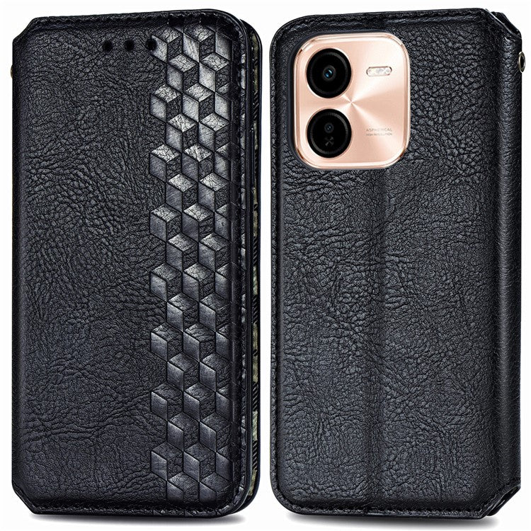 For vivo Y37 Pro 5G Case Rhombus Imprint PU Leather Wallet Phone Cover - Black