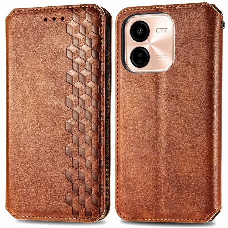 For vivo Y37 Pro 5G Case Rhombus Imprint PU Leather Wallet Phone Cover - Brown