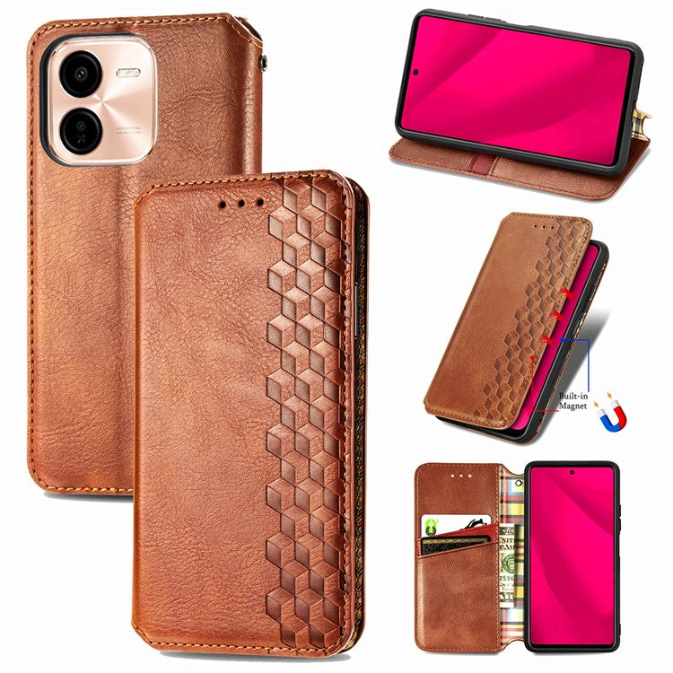 For vivo Y37 Pro 5G Case Rhombus Imprint PU Leather Wallet Phone Cover - Brown