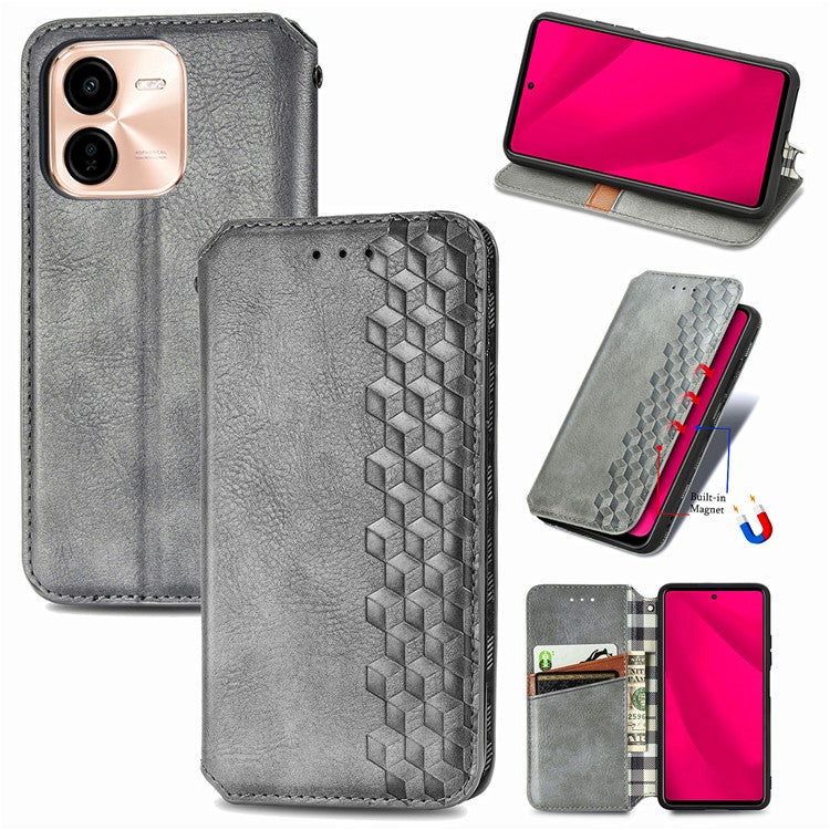 For vivo Y37 Pro 5G Case Rhombus Imprint PU Leather Wallet Phone Cover - Grey