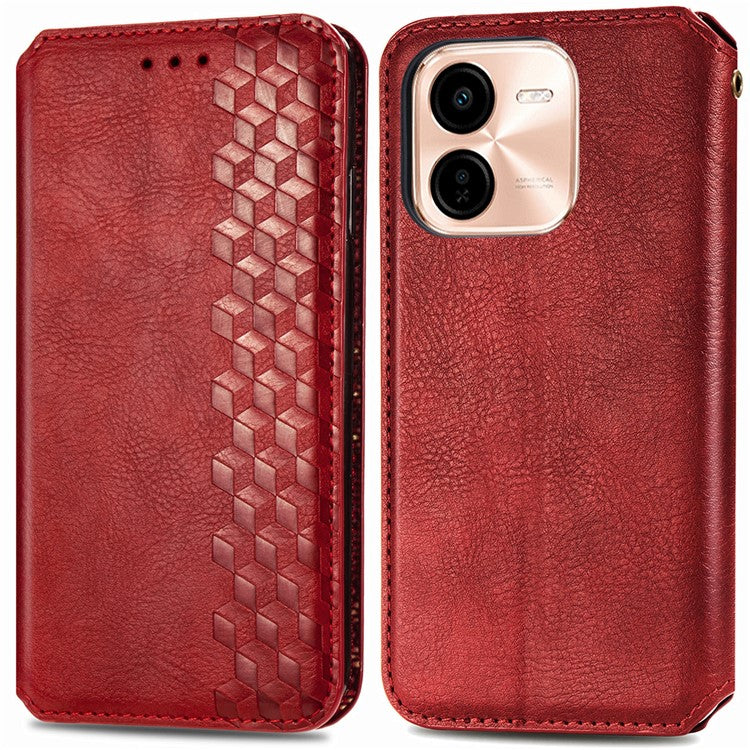 For vivo Y37 Pro 5G Case Rhombus Imprint PU Leather Wallet Phone Cover - Red