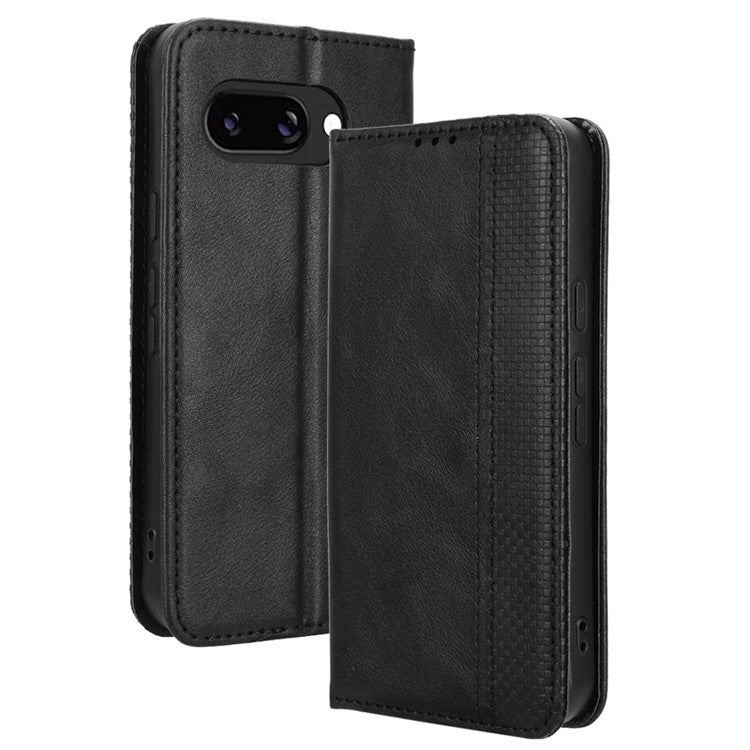 For Google Pixel 9a Leather Case Wallet Stand Retro Texture Phone Cover - Black