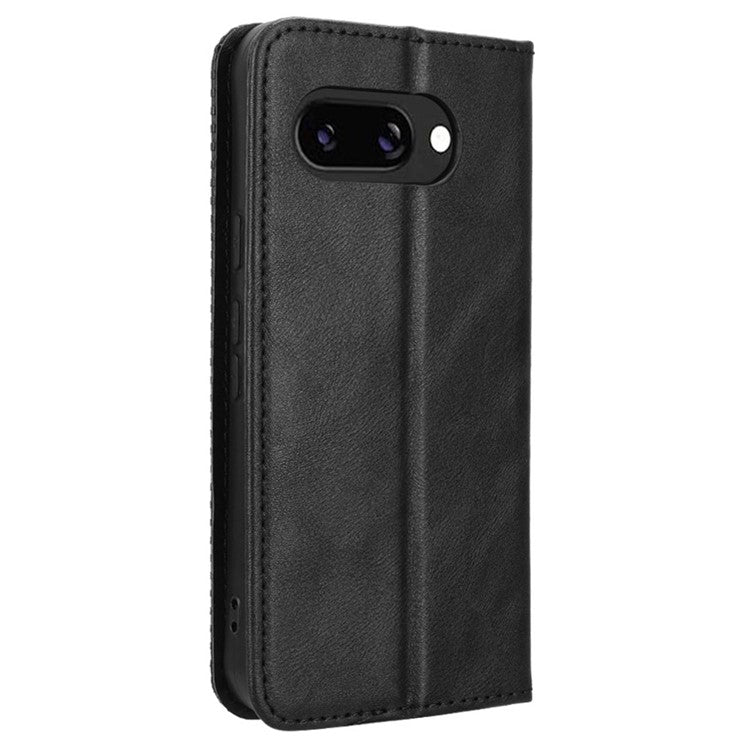 For Google Pixel 9a Leather Case Wallet Stand Retro Texture Phone Cover - Black