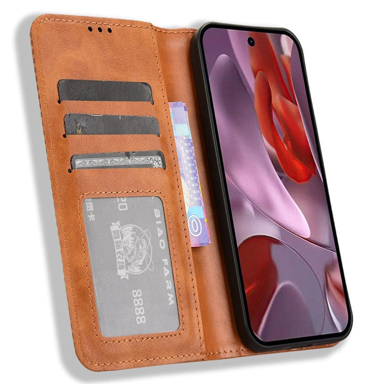 For Google Pixel 9a Leather Case Wallet Stand Retro Texture Phone Cover - Brown