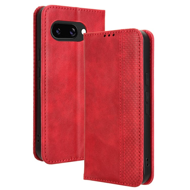 For Google Pixel 9a Leather Case Wallet Stand Retro Texture Phone Cover - Red