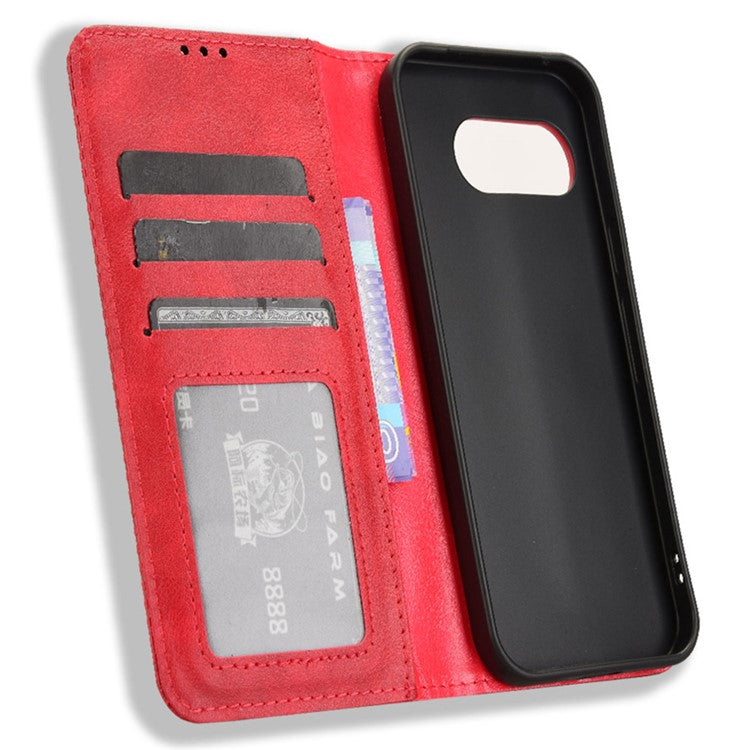 For Google Pixel 9a Leather Case Wallet Stand Retro Texture Phone Cover - Red