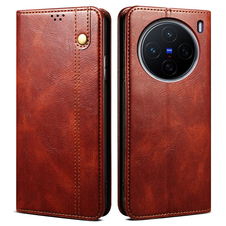 For vivo X200 5G Case Crazy Horse Texture Waxy Leather Wallet Stand Phone Cover - Brown