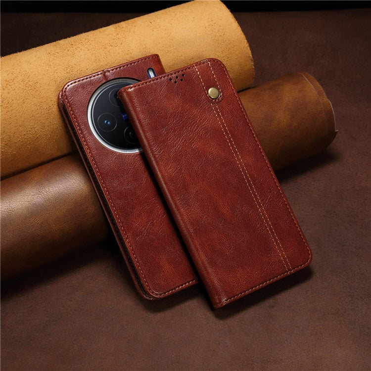 For vivo X200 5G Case Crazy Horse Texture Waxy Leather Wallet Stand Phone Cover - Brown