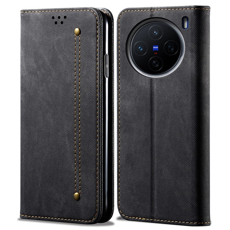 For vivo X200 5G Case Jeans Cloth Texture Anti-Scratch Leather Stand Phone Cover - Black