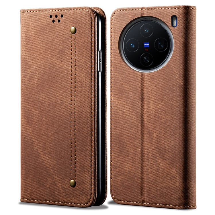 For vivo X200 5G Case Jeans Cloth Texture Anti-Scratch Leather Stand Phone Cover - Coffee