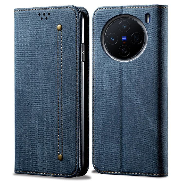 For vivo X200 5G Case Jeans Cloth Texture Anti-Scratch Leather Stand Phone Cover - Blue